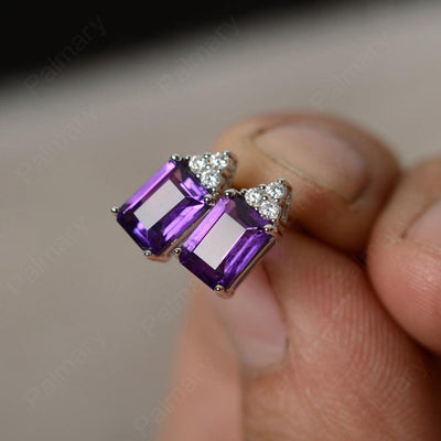 Emerald Cut Amethyst Earrings Stud - Palmary