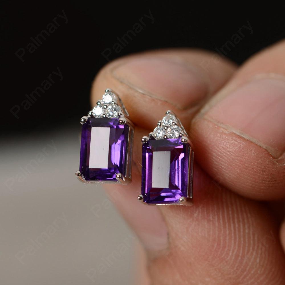 Emerald Cut Amethyst Earrings Stud - Palmary