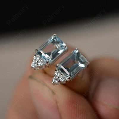 Emerald Cut Aquamarine Earrings Stud - Palmary
