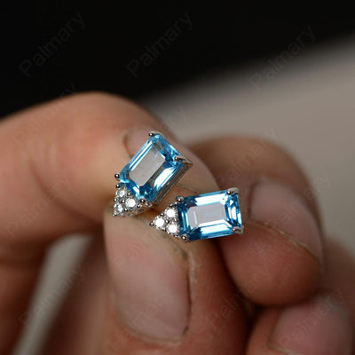 Emerald Cut Swiss Blue Topaz Earrings Stud - Palmary