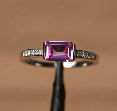 East West Emerald Cut Pink Sapphire Rings - Palmary