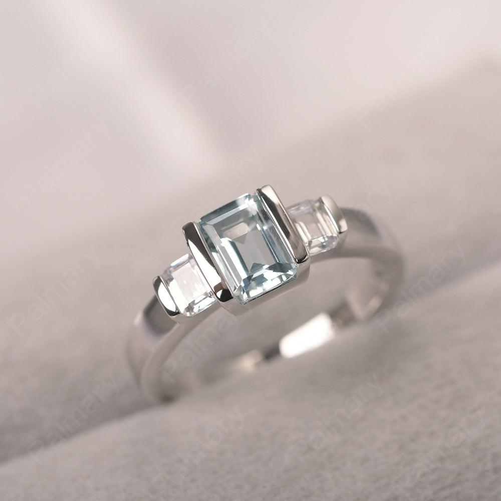 Three Stone Emerald Cut Aquamarine Rings - Palmary