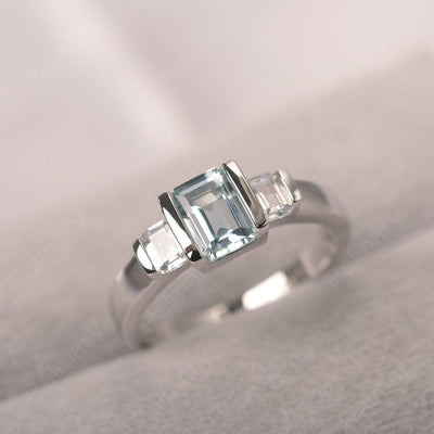 Three Stone Emerald Cut Aquamarine Rings - Palmary