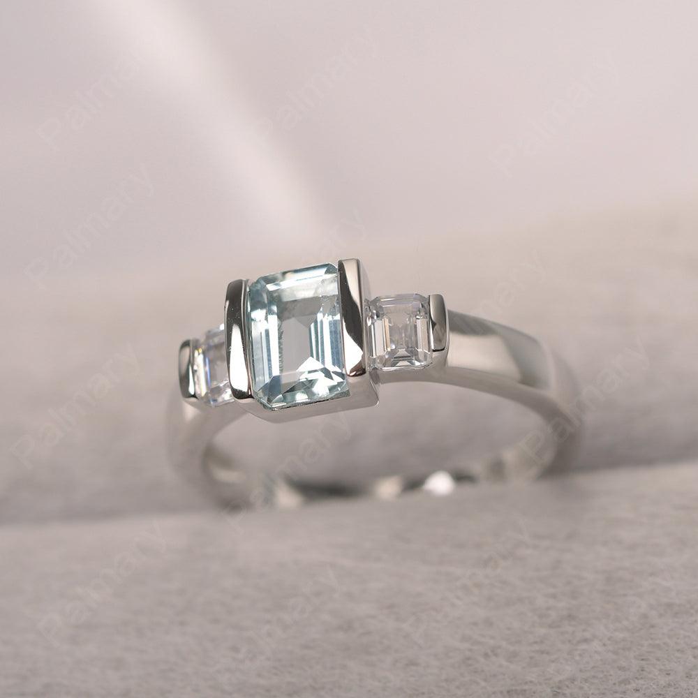 Three Stone Emerald Cut Aquamarine Rings - Palmary