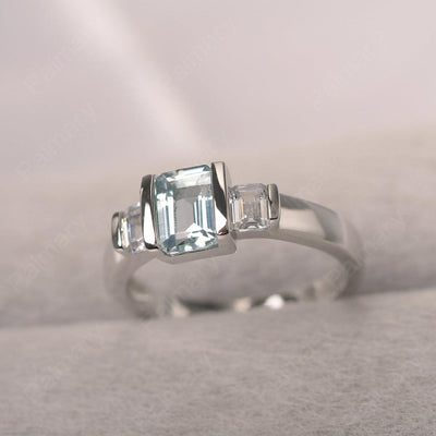 Three Stone Emerald Cut Aquamarine Rings - Palmary