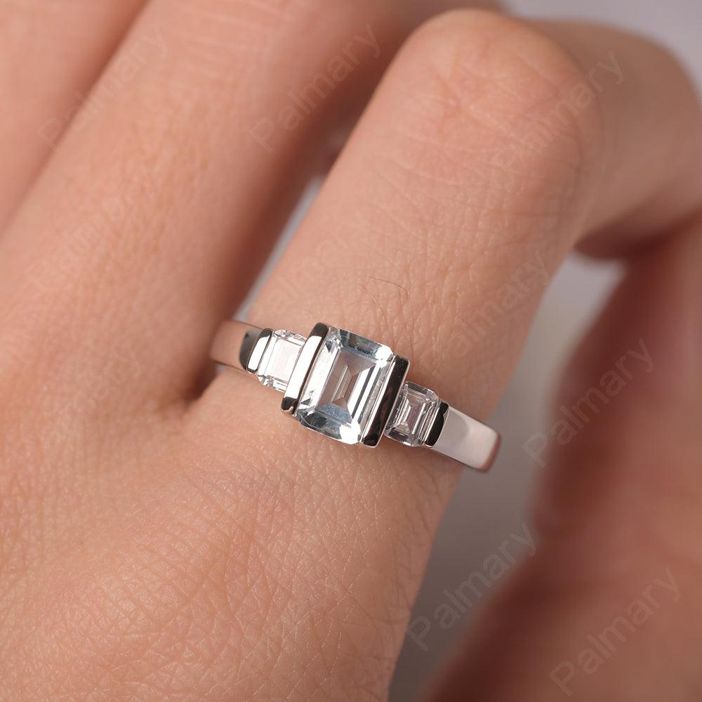 Three Stone Emerald Cut Aquamarine Rings - Palmary