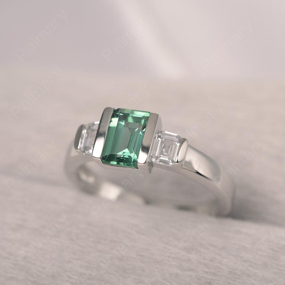 Three Stone Emerald Cut Green Sapphire Rings - Palmary