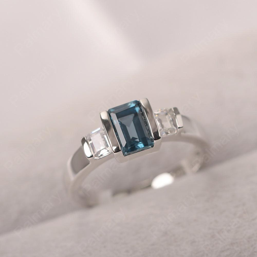 Three Stone Emerald Cut London Blue Topaz Rings - Palmary