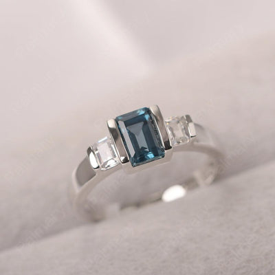 Three Stone Emerald Cut London Blue Topaz Rings - Palmary