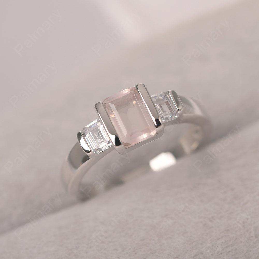 Three Stone Emerald Cut Rose Quartz Rings - Palmary