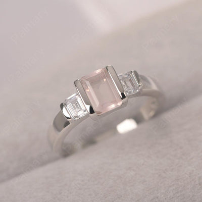 Three Stone Emerald Cut Rose Quartz Rings - Palmary