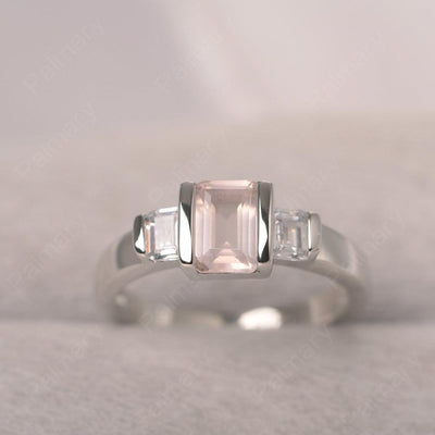 Three Stone Emerald Cut Rose Quartz Rings - Palmary