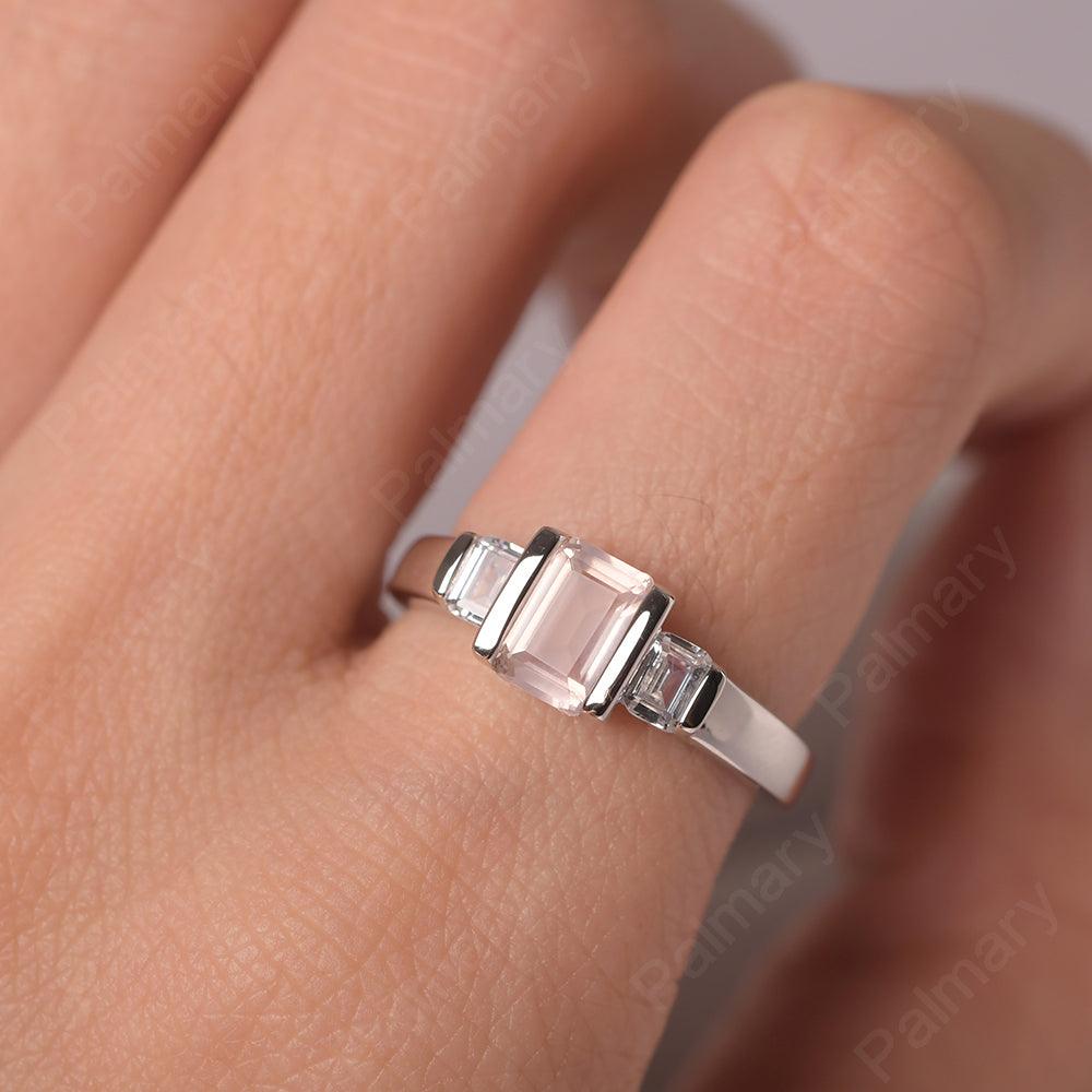 Three Stone Emerald Cut Rose Quartz Rings - Palmary