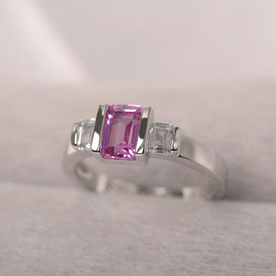 Three Stone Emerald Cut Pink Sapphire Rings - Palmary