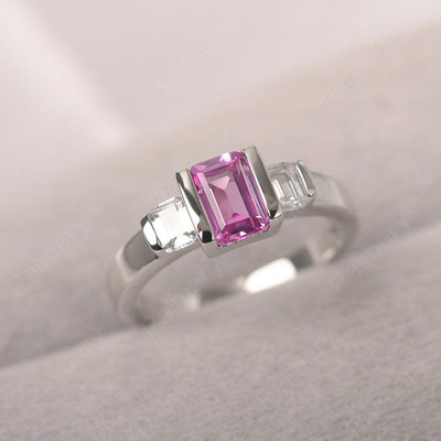 Three Stone Emerald Cut Pink Sapphire Rings - Palmary