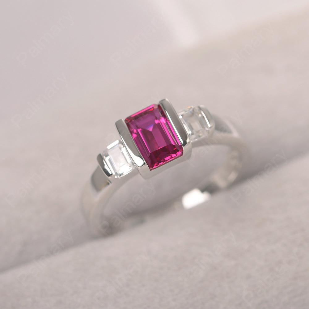 Three Stone Emerald Cut Ruby Rings - Palmary