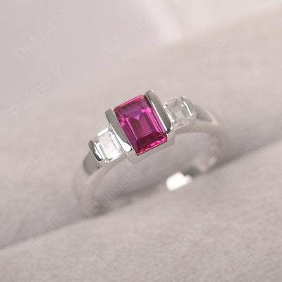 Three Stone Emerald Cut Ruby Rings - Palmary