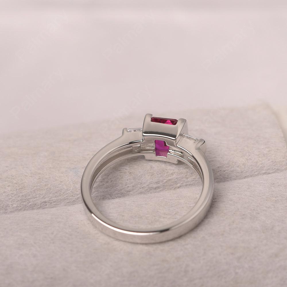 Three Stone Emerald Cut Ruby Rings - Palmary