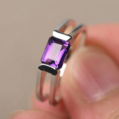 East West Emerald Cut Amethyst Solitaire Ring - Palmary