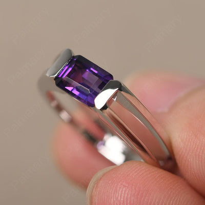East West Emerald Cut Amethyst Solitaire Ring - Palmary