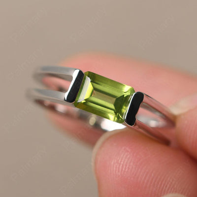 East West Emerald Cut Peridot Solitaire Ring - Palmary