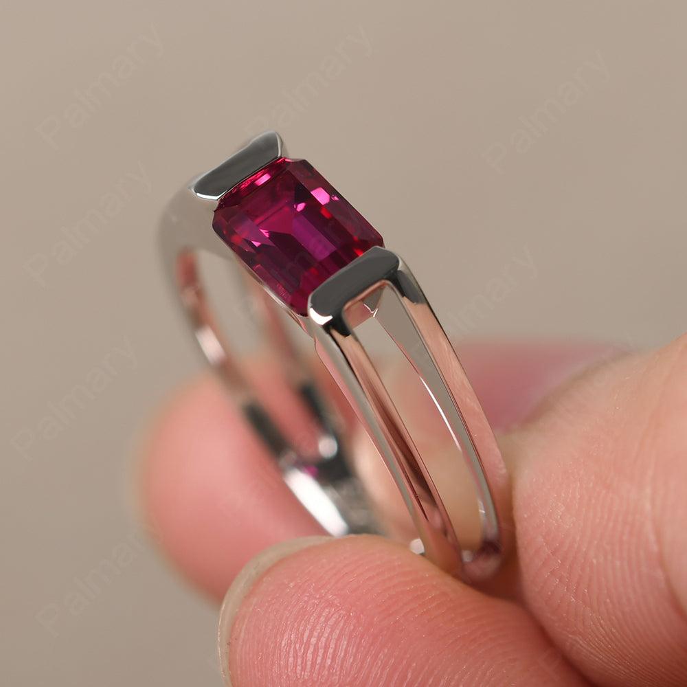 East West Emerald Cut Ruby Solitaire Ring - Palmary