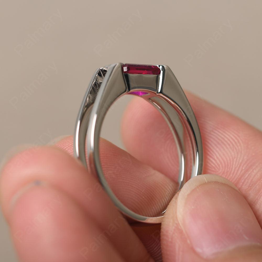 East West Emerald Cut Ruby Solitaire Ring - Palmary