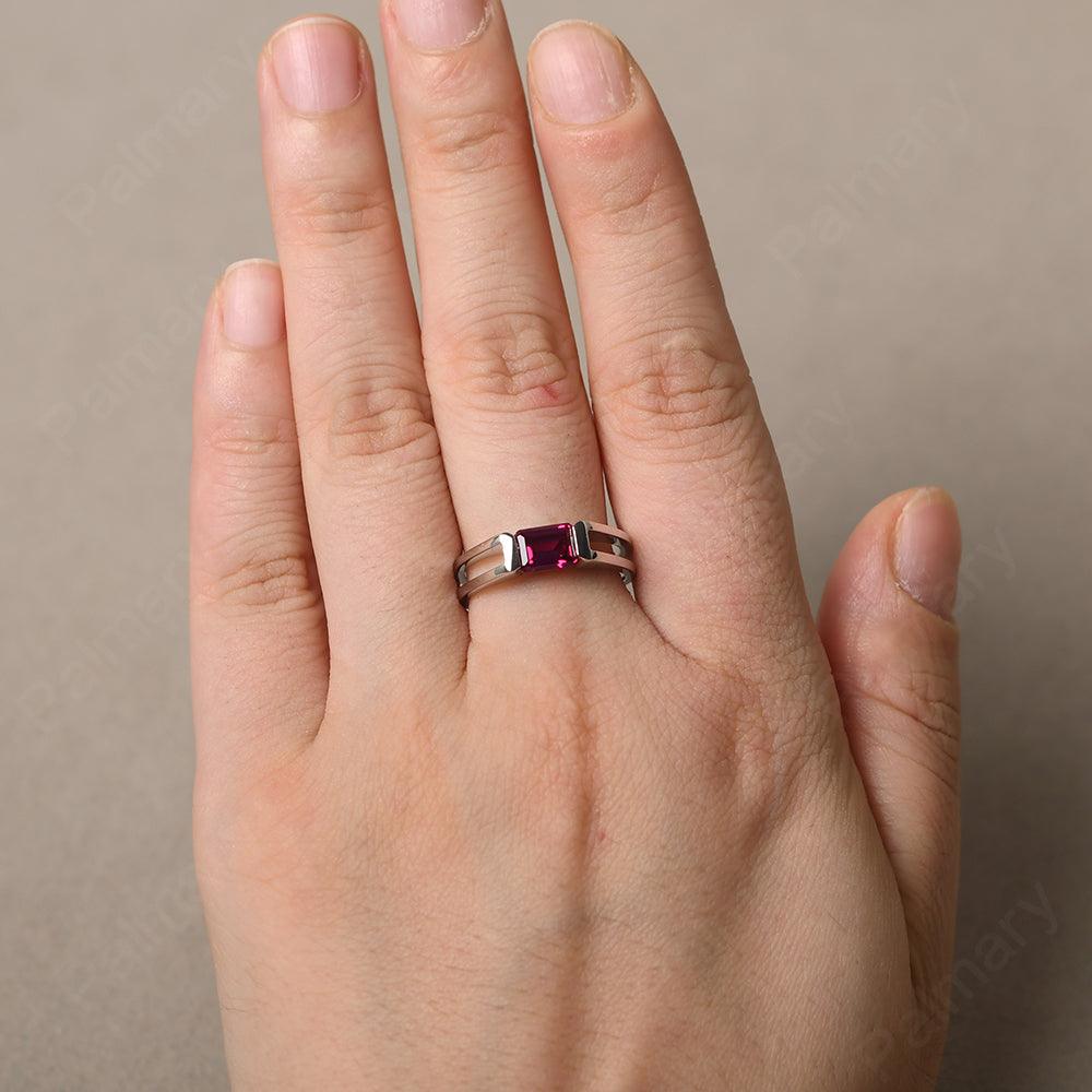 East West Emerald Cut Ruby Solitaire Ring - Palmary