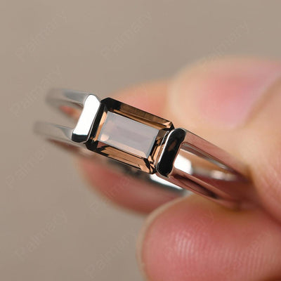 East West Emerald Cut Smoky Quartz  Solitaire Ring - Palmary