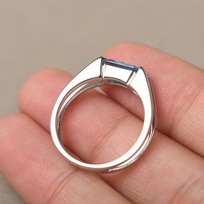 East West Emerald Cut Swiss Blue Topaz Solitaire Ring - Palmary