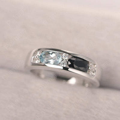 Oval Cut Aquamarine And Black Spinel Two Stone Rings - Palmary
