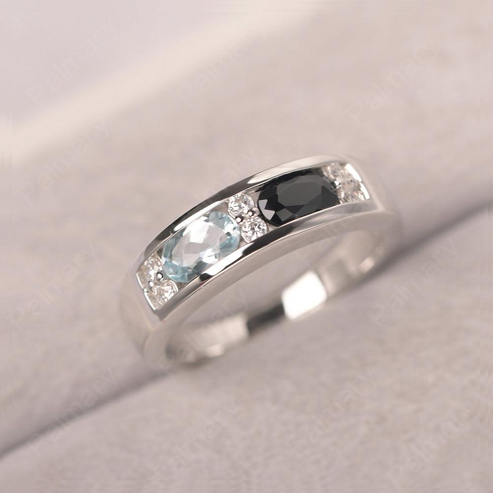 Oval Cut Aquamarine And Black Spinel Two Stone Rings - Palmary