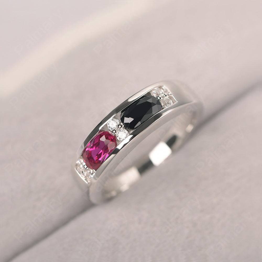 Oval Cut Black Spinel And Ruby Two Stone Rings - Palmary