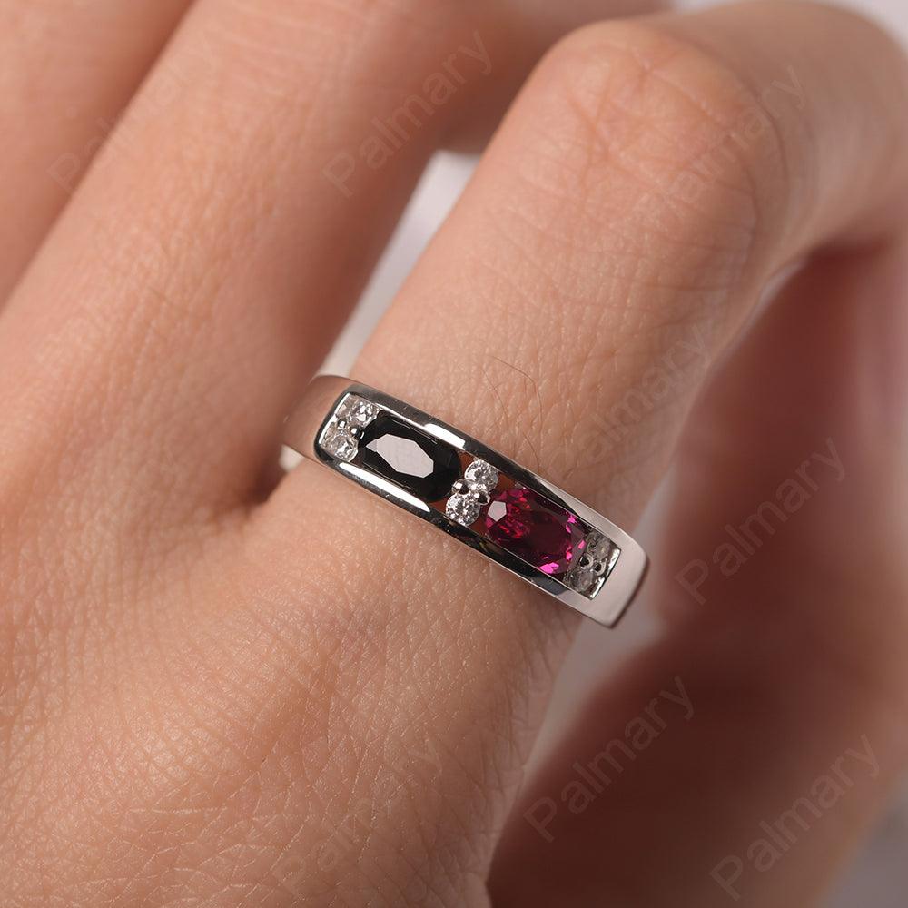 Oval Cut Black Spinel And Ruby Two Stone Rings - Palmary