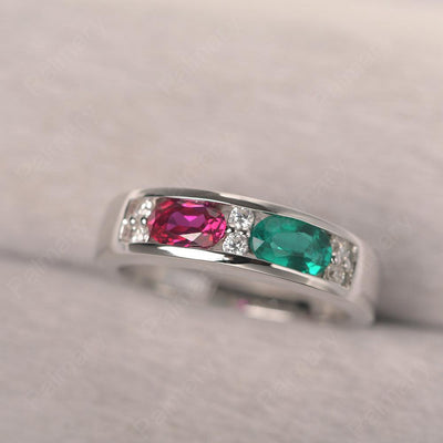 Oval Cut Emerald And Ruby Two Stone Rings - Palmary