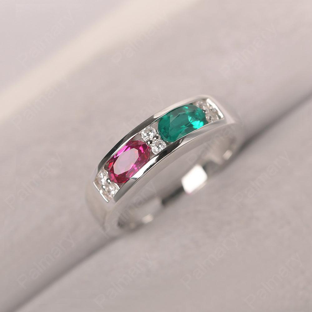 Oval Cut Emerald And Ruby Two Stone Rings - Palmary