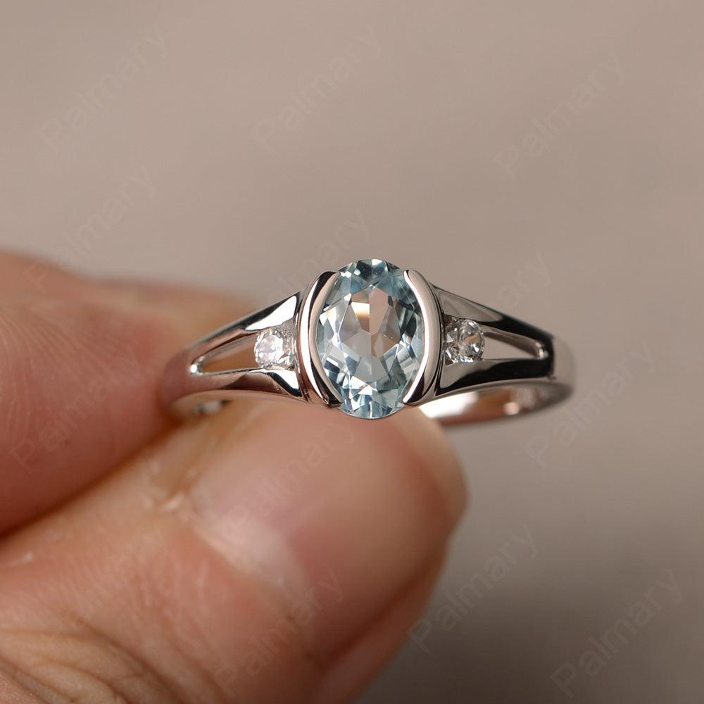 Half Bezel Oval Cut Aquamarine Rings - Palmary
