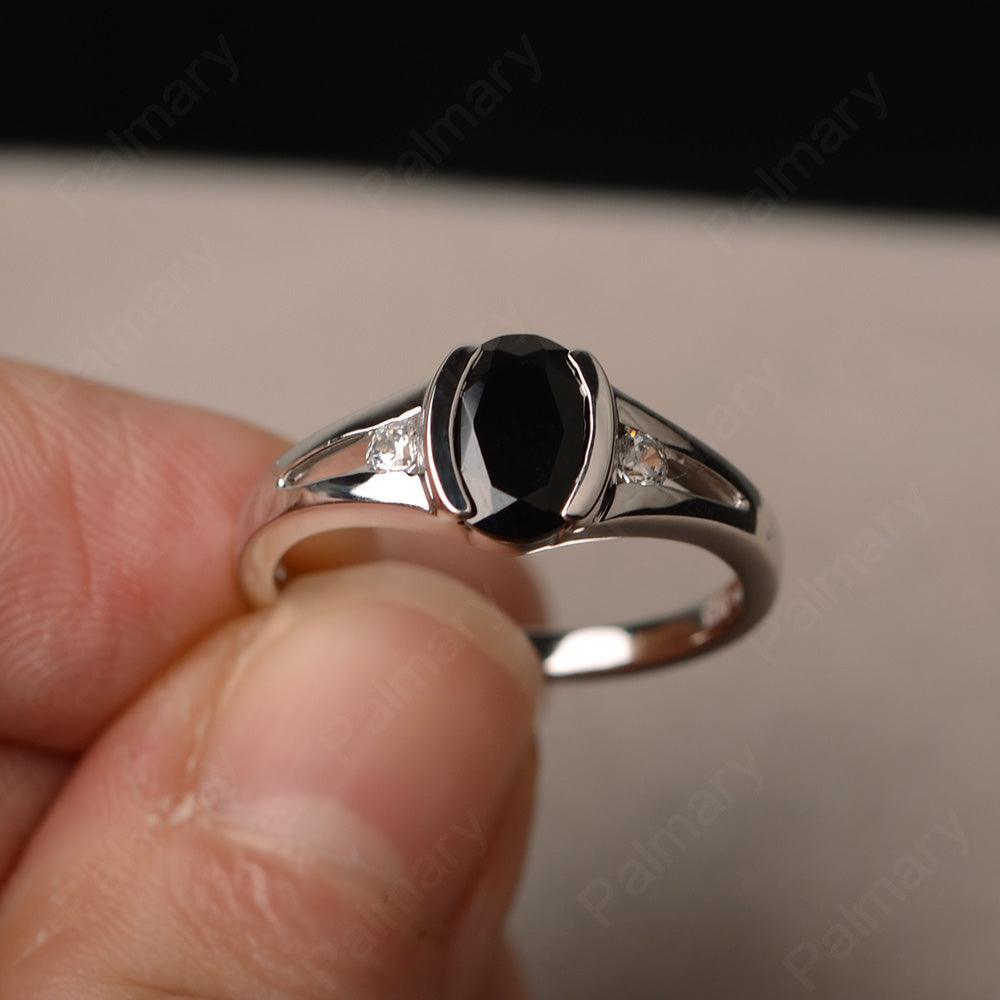 Half Bezel Oval Cut Black Spinel Rings - Palmary