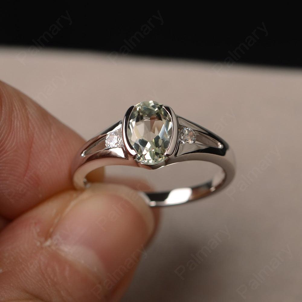 Half Bezel Oval Cut Green Amethyst Rings - Palmary