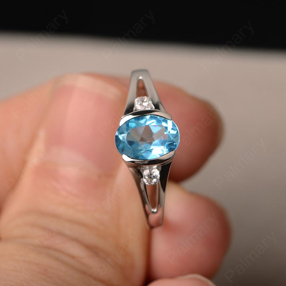 Half Bezel Oval Cut Swiss Blue Topaz Rings - Palmary