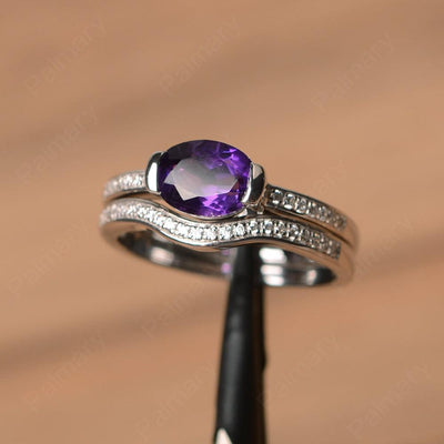 Horizontal Oval Cut Amethyst Wedding Ring Set - Palmary