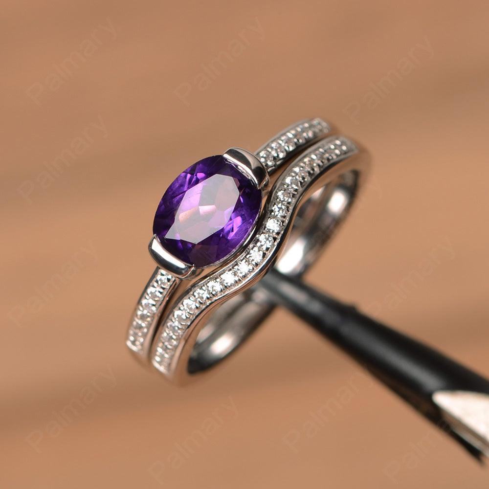 Horizontal Oval Cut Amethyst Wedding Ring Set - Palmary