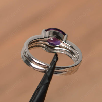 Horizontal Oval Cut Amethyst Wedding Ring Set - Palmary