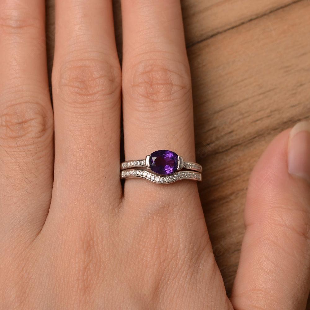 Horizontal Oval Cut Amethyst Wedding Ring Set - Palmary