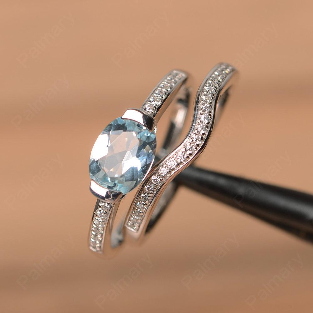 Horizontal Oval Cut Aquamarine Wedding Ring Set - Palmary