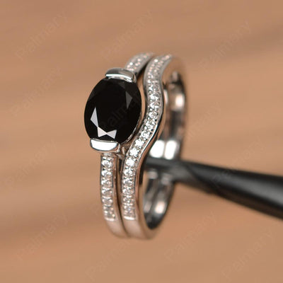 Horizontal Oval Cut Black Spinel Wedding Ring Set - Palmary