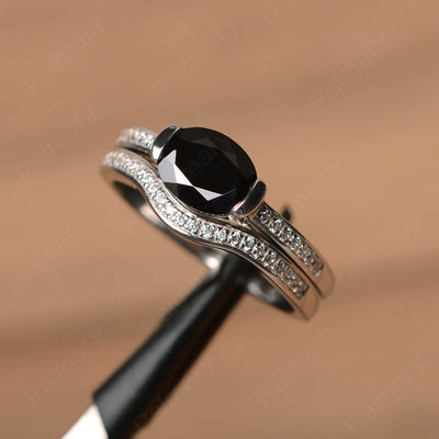 Horizontal Oval Cut Black Spinel Wedding Ring Set - Palmary