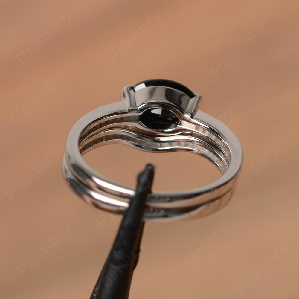 Horizontal Oval Cut Black Spinel Wedding Ring Set - Palmary