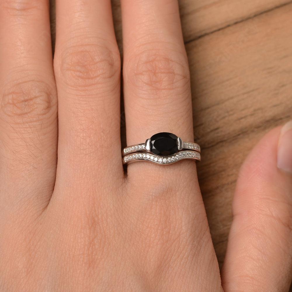 Horizontal Oval Cut Black Spinel Wedding Ring Set - Palmary