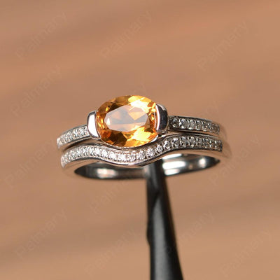 Horizontal Oval Cut Citrine Wedding Ring Set - Palmary